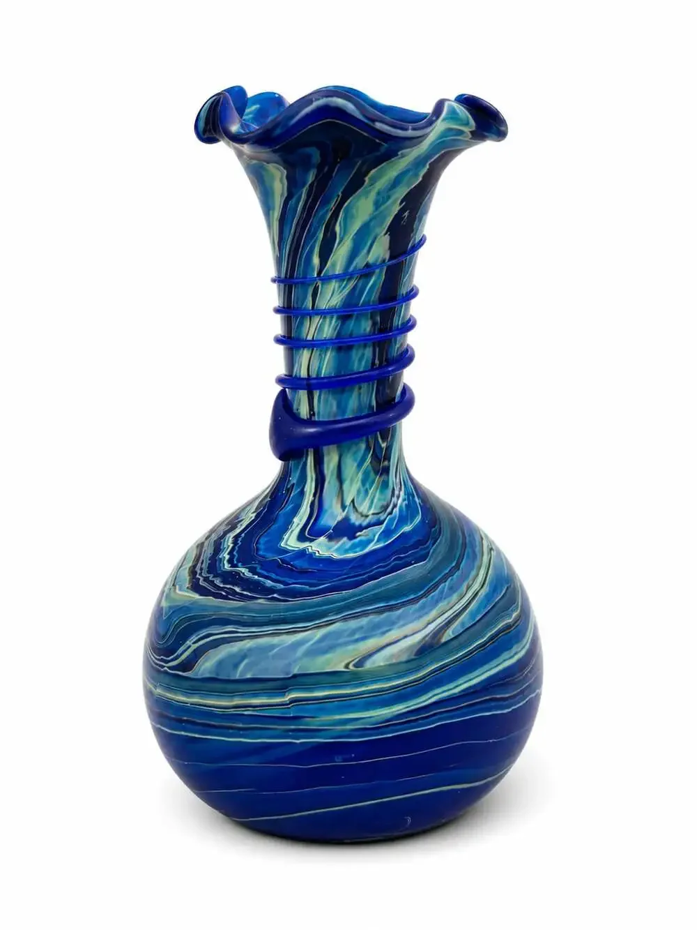 Phoenician Hand-Blown Swirl Glass Vase with Blue Spiral Detail